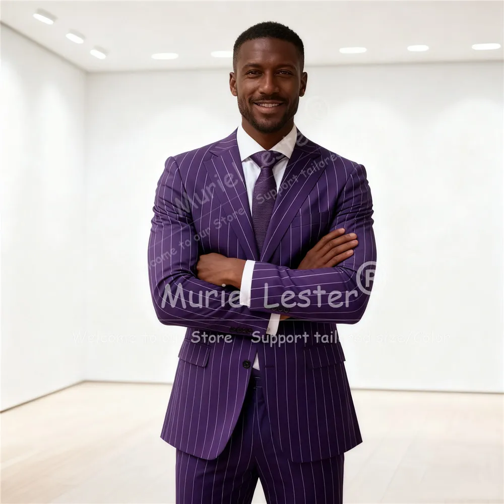 

Фиолетовые модные мужские костюмы в полоску, комплекты из 2 предметов, приталенные смокинги для жениха с пиковыми лацканами, деловые пиджаки, костюм Homme, индивидуальная одежда