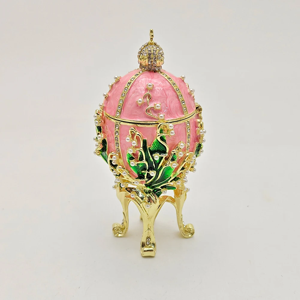 Faberge Style Pink Egg Music Box Vintage Enamel Trinket Box with Crown & Lily Easter Birthday Jewelry Storage Gift Home Decor