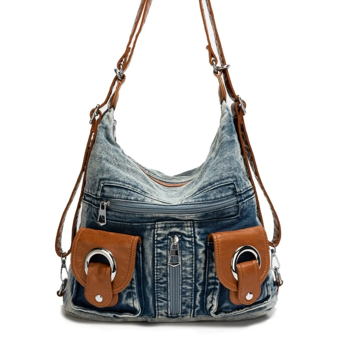 

Punk Denim Bag Women High Street Pockets Chic Vintage Backpack Ladies Casual Messenger Bags Versatile Purses And Handbags