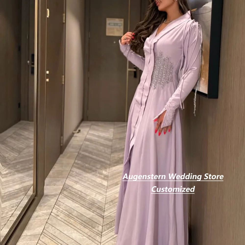 Customized Lavender A‑Line Mother Of The Bride Gown V‑Neck Long Sleeve Rhinestone Beaded Front Split For Wedding Guest Plus Size