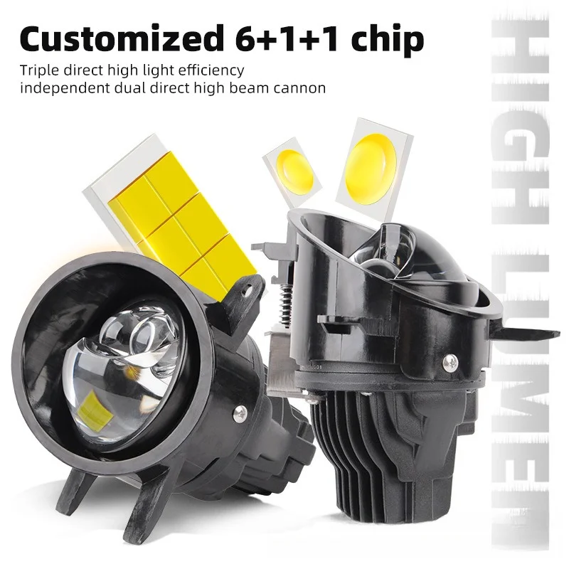 3.0 Inch Bi-LED Dual Laser Projector Fog Lights H4 Socket High Low Beam White Amber Yellow Super Bright Car Retrofit Fog Lamps