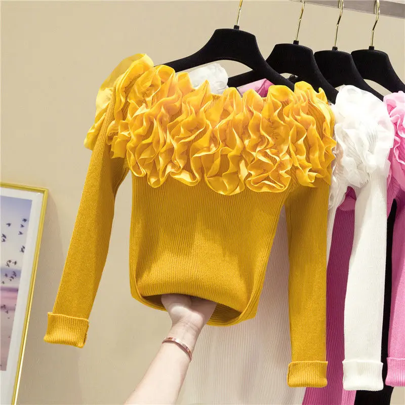 

Women's Autumn Winter New Slim-fit Versatile Long-sleeved Knitted Top Three-dimensional Lace One-word Neck Bottoming Sweater