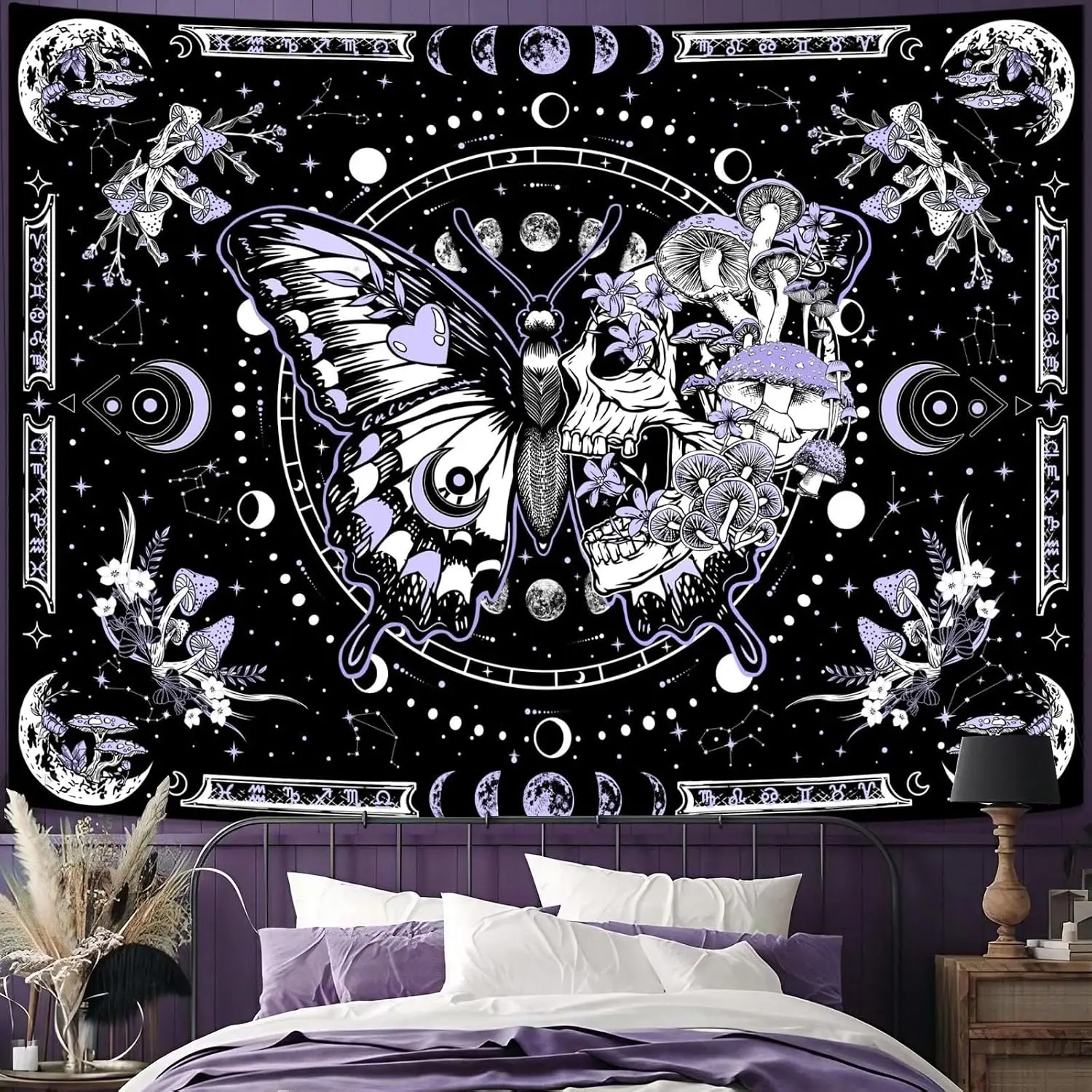 Wall Tapestry Aesthetic Bedroom Tapestry Skeleton Butterfly Purple Skull Hippie Mushroom Plants Moon Phase Aesthetic