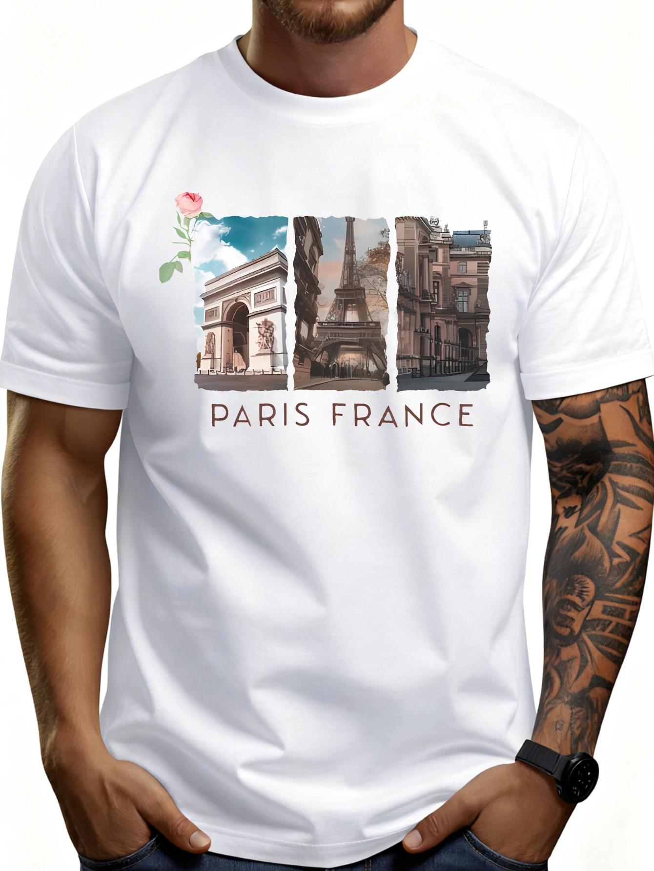 Casual Style Men's T-Shirt with Paris France Landmark Design, Summer Wear, Gift for Travel Enthusiasts
