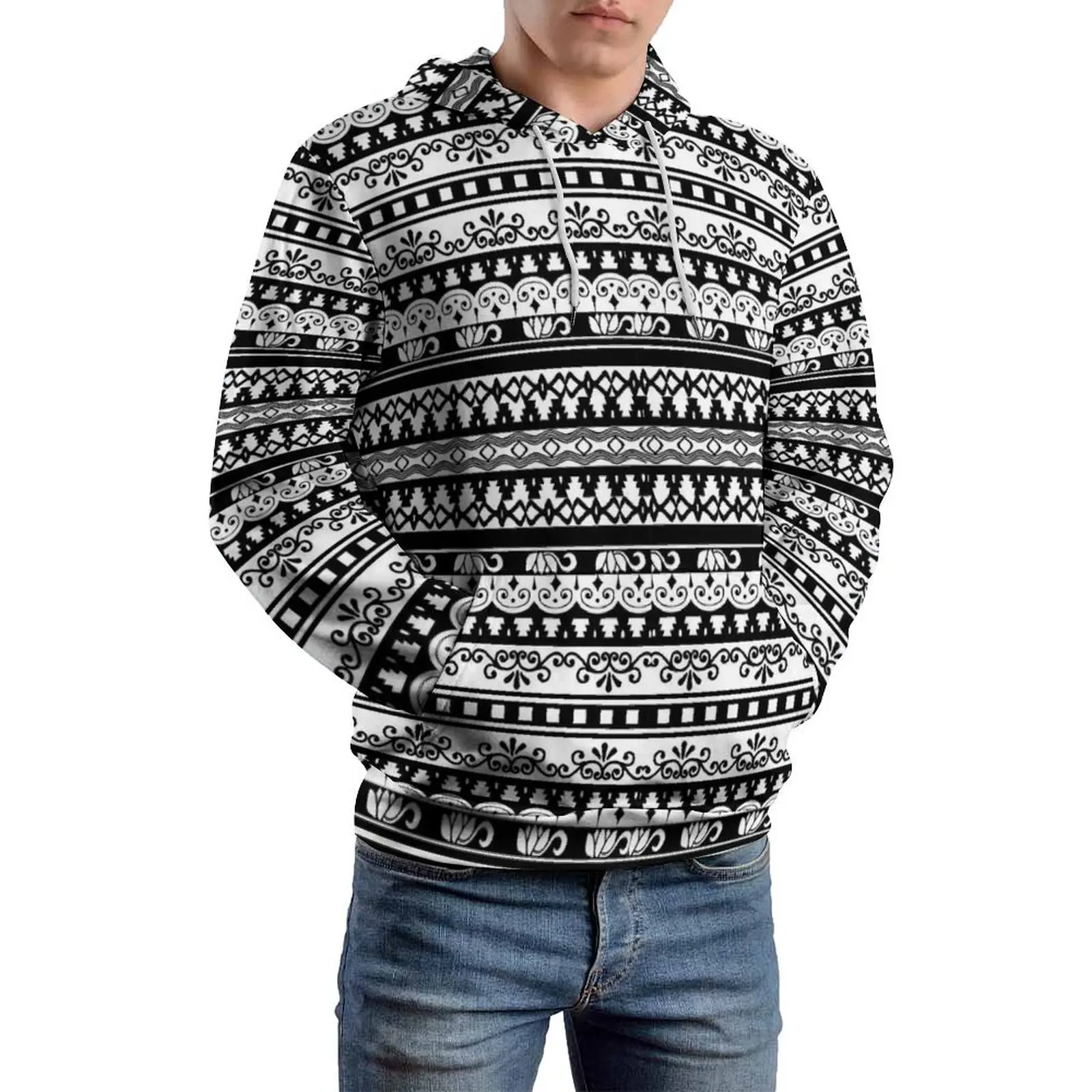 

Tribal Print Casual Hoodies Long Sleeve Black White Cool Hoodie Autumn Loose Graphic Oversized Top