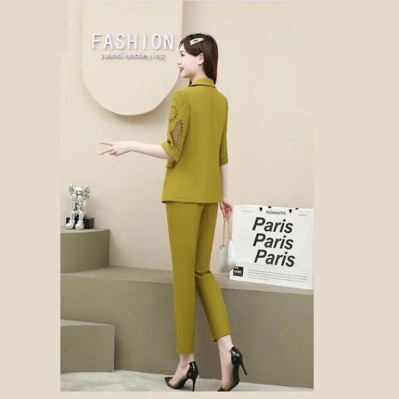 Women Summer New Fashion Professional Suit+Sling+Pants Three-piece Korean Elegant Hollow Out Thin Blazers Trousers Matching Set