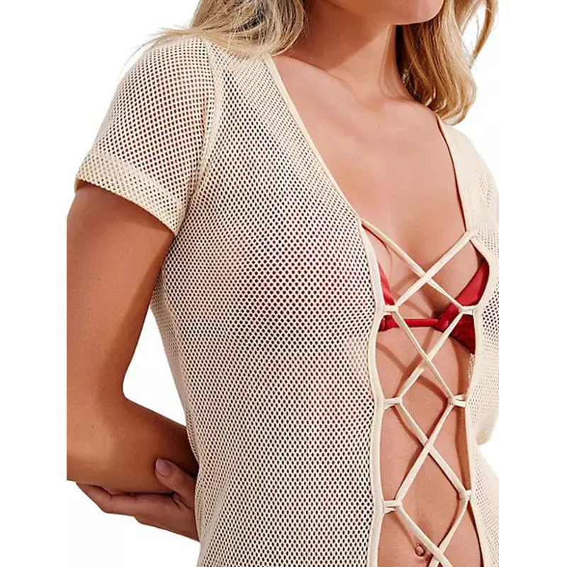 2024 여름 새 스커트 여성 솔리드 컬러 섹시 할로우 비치 비키니 수영복 커버 태양 보호 의류