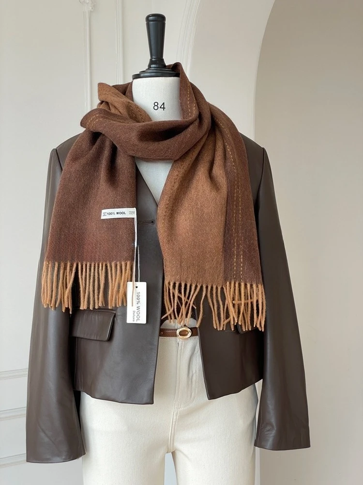 High Quality Australia100% Pure Wool Scarf Women Fall Winter Design Double-Sided Stitching Knitted Cashmere Shawl Female Muffler