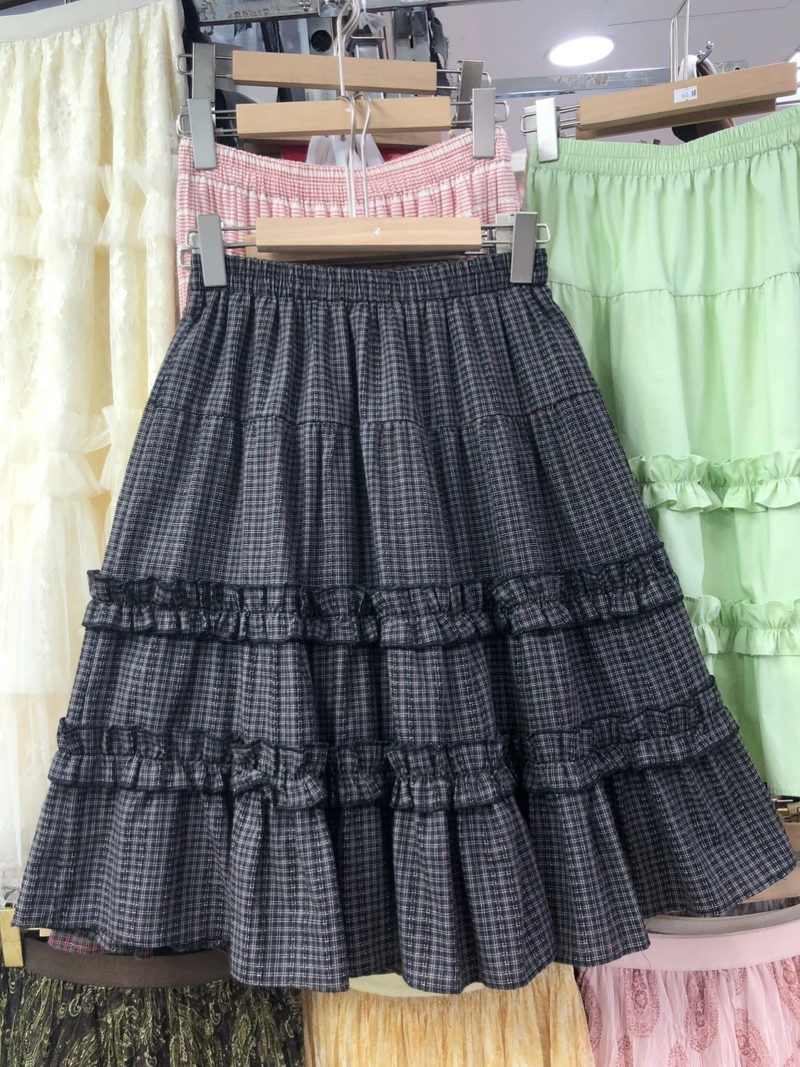 High Waist A-Line  Skirt with Wood Grain  Bicolor Plaid Cake Skirt for Women Spring 2026 New Style Polyester Fiber