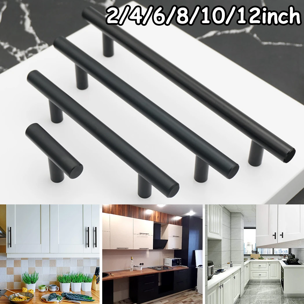 2~12 Inches 50-300mm Stainless Steel Black T Type Drawer Cabinet Wardrobe Door Pull Handle Replacement