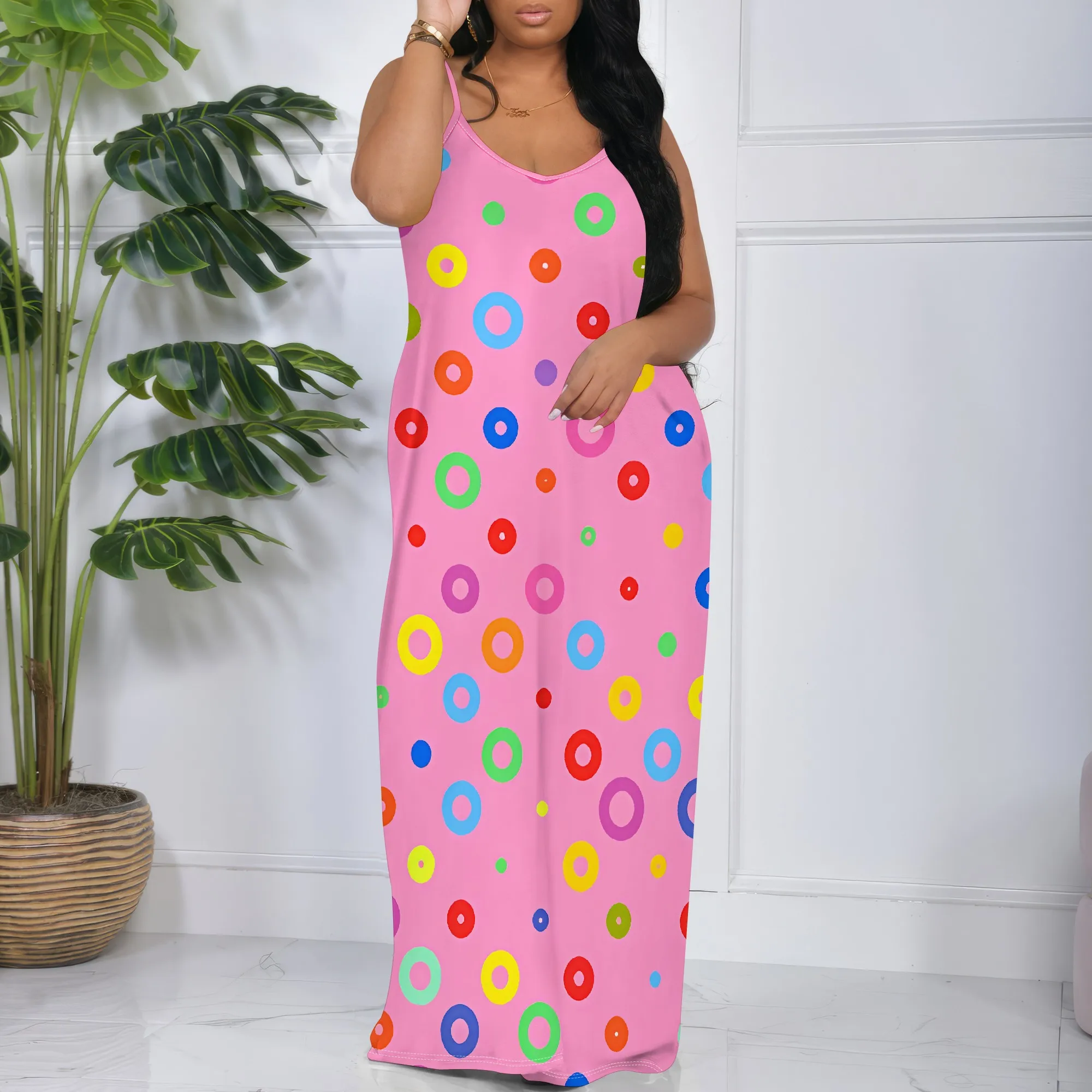 

Nupusa Rainbow Circle Print Dress for Women Standard Size Summer Casual Spaghetti Strap Maxi Dress