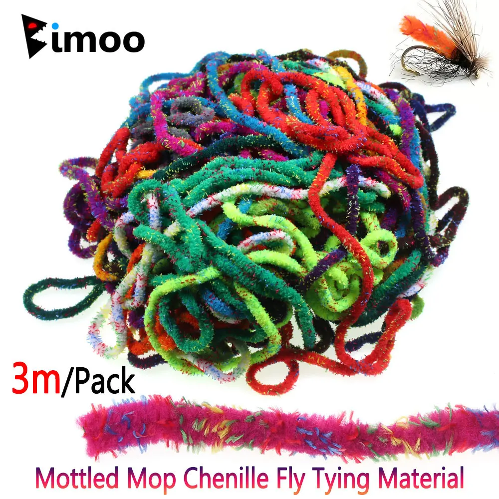 Bimoo 3M 6-7mm Wide Grizzly Mottled Mop Chenille Fly Tying Material Woolly Bugger Wet Nymph Streamer Mop Fly Crappie Jig Lures