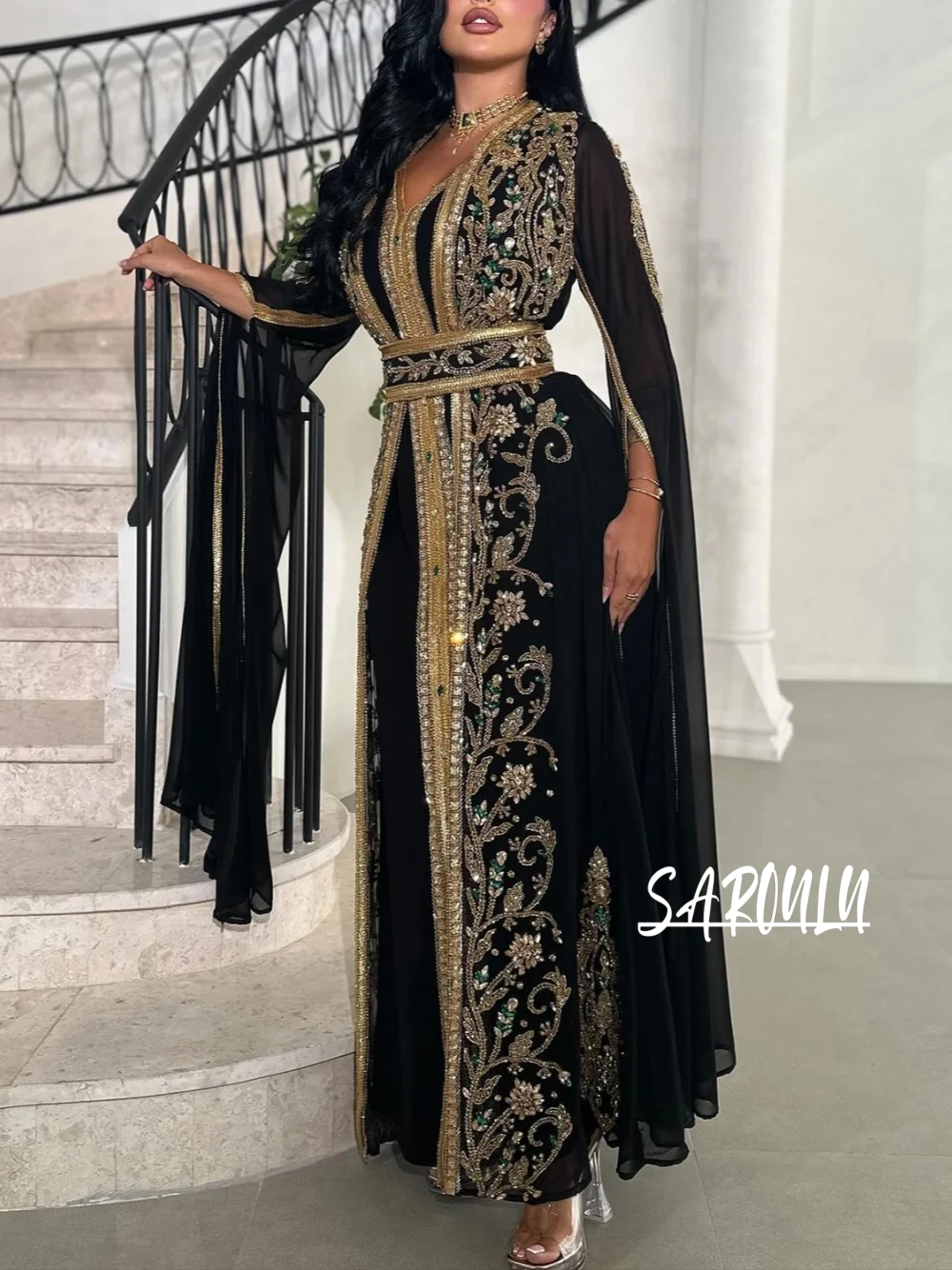 Women Moroccan V-neck Evening Dress New Elegant Sequined Celebrity Prom Gown Vintage A-line Custom Made Dresses Robe De Mariée