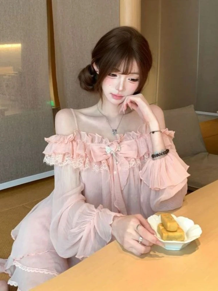 French Sweet 2 Piece Set Women Off Shoulder Ruffle Lace Bow Spaghetti Strap Long Sleeve Top High Waist Mini Skirt Slim Fit Elega