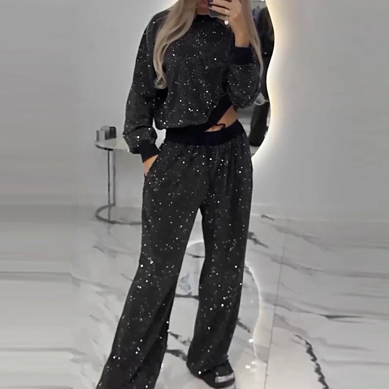 Autumn Glitter Suit Winter Fashion Long Sleeve Shinny Blouse Top+Drawstring Pants Set Casual Women Sportwear Two Piece Tracksuit