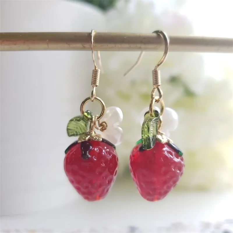 A Pair Glass Red Strawberry Drop Earrings