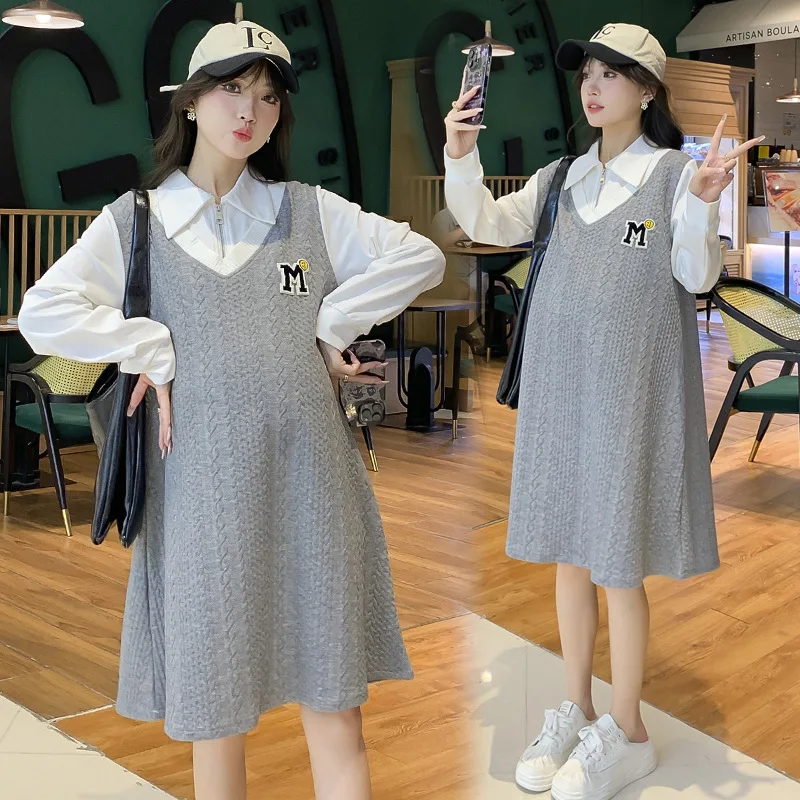 

2025 Plus Size Petite Pregnancy Dress Spring Fall Fake Two Layer Long Sleeve Dress Loose Fit Maternity Outfit Slimming
