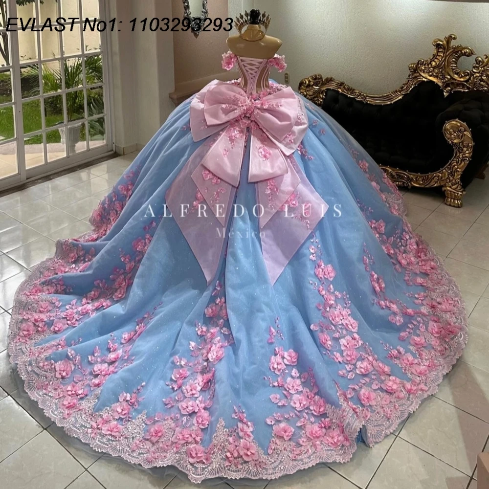 EVLAST Customized Blue Ball Gown Quinceanera Dress Pink Floral Lace Applique Beading Crystal Sweet 16 Vestidos De 15 Anos E1Q913