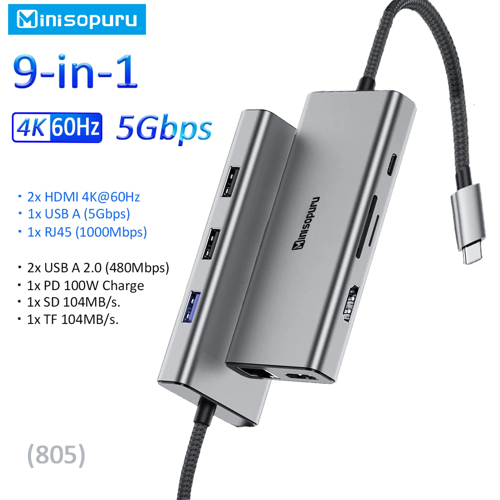 

Minisopuru-Док-станция USB C для двух мониторов 4K60 Гц USB Тип C на HDMI USB 3,0 RJ45 PD 100 Вт SD/TF мультипортовый адаптер для MacBook Pro/Surface/XPS/HP 9 в 1 USB C HUB