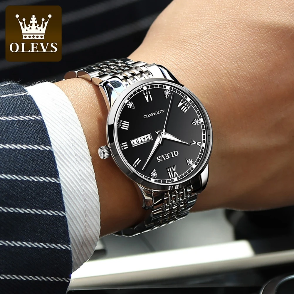 OLEVS 6602 Fashion Mechanical Watch Gift Stainless Steel Watchband Round-dial Wristwatch Week Display Calendar Luminous