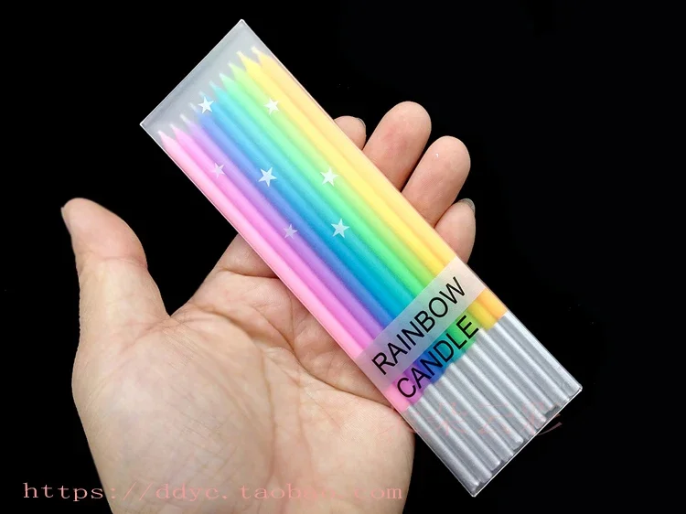 10 sticks rainbow slender birthday candle boxed cake decoration multi-color polished tin foil blue purple yellow party children