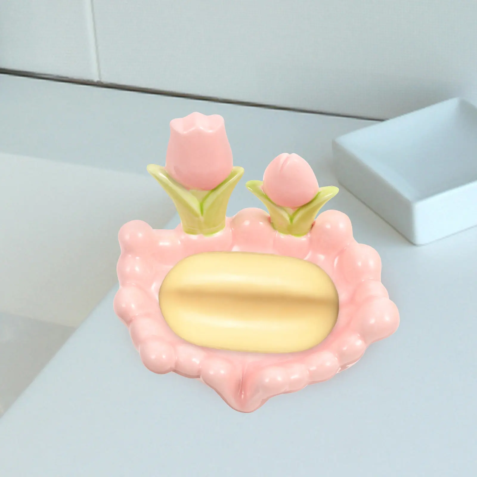 

Ceramic Flower Soap Dish Tulip Style Self Draining Holder for Bathroom Shower Sink Decorative Soap Container Non Slip Base
