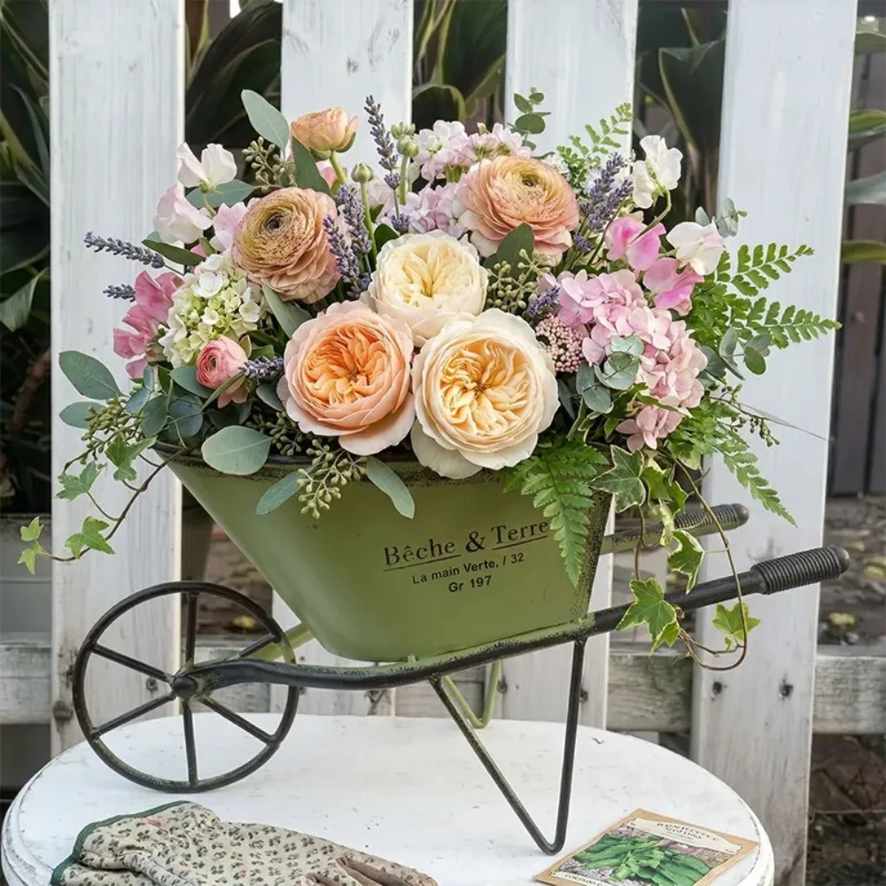 Rustic Wrought Iron Wheelbarrow Style Flower Pot Vintage Garden Decorative Planter Unique Art Ornament For Patio Lawn House Gift