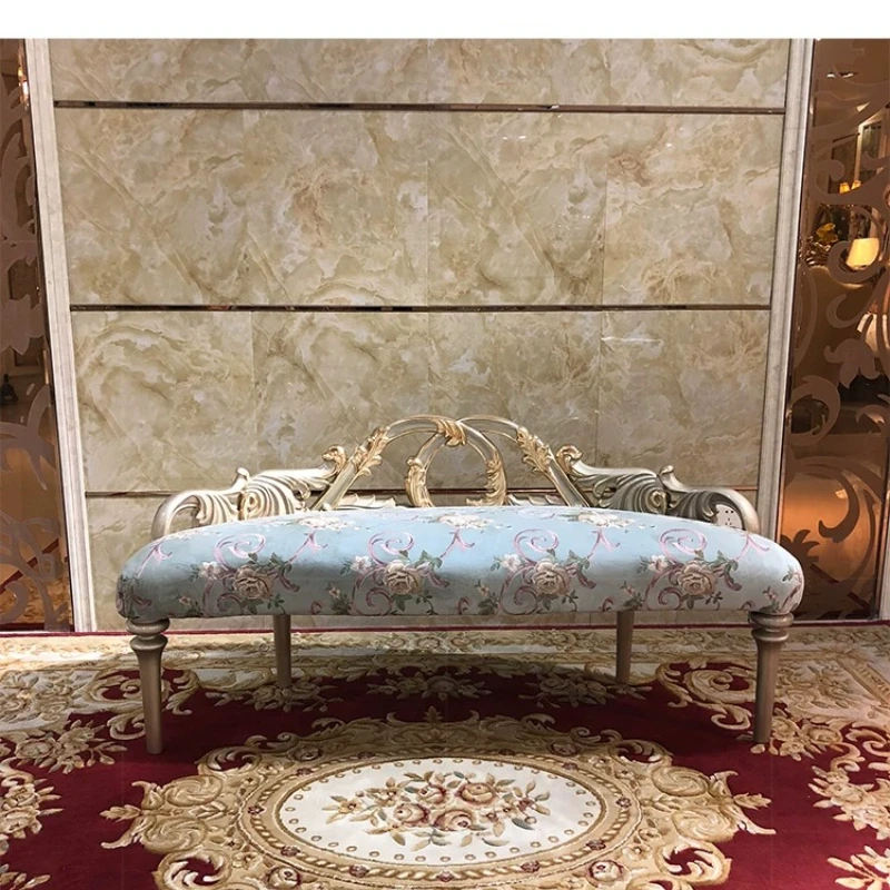 

French solid wood bedside stool, European luxury carved bedroom bed, sofa stool for shoes, bedside bench furniture