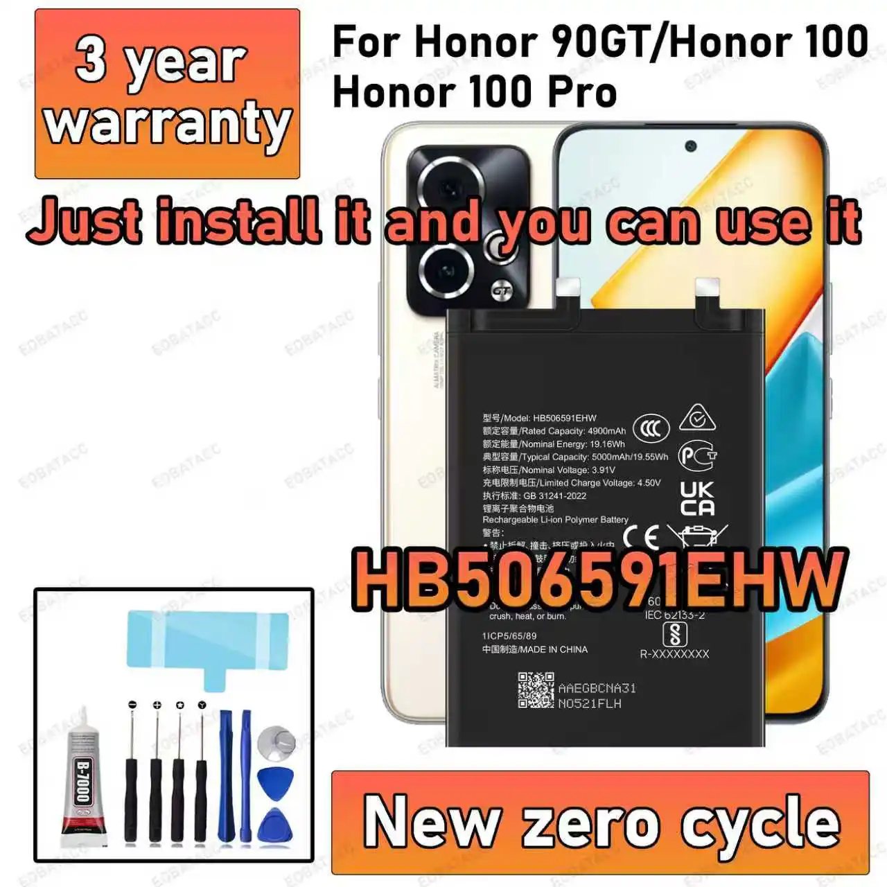 100% New High Capacity HB506591EHW Battery For HONOR 100 PRO /HONOR 90 GT/HONOR 100 Phone batteries batteria+Free Tools