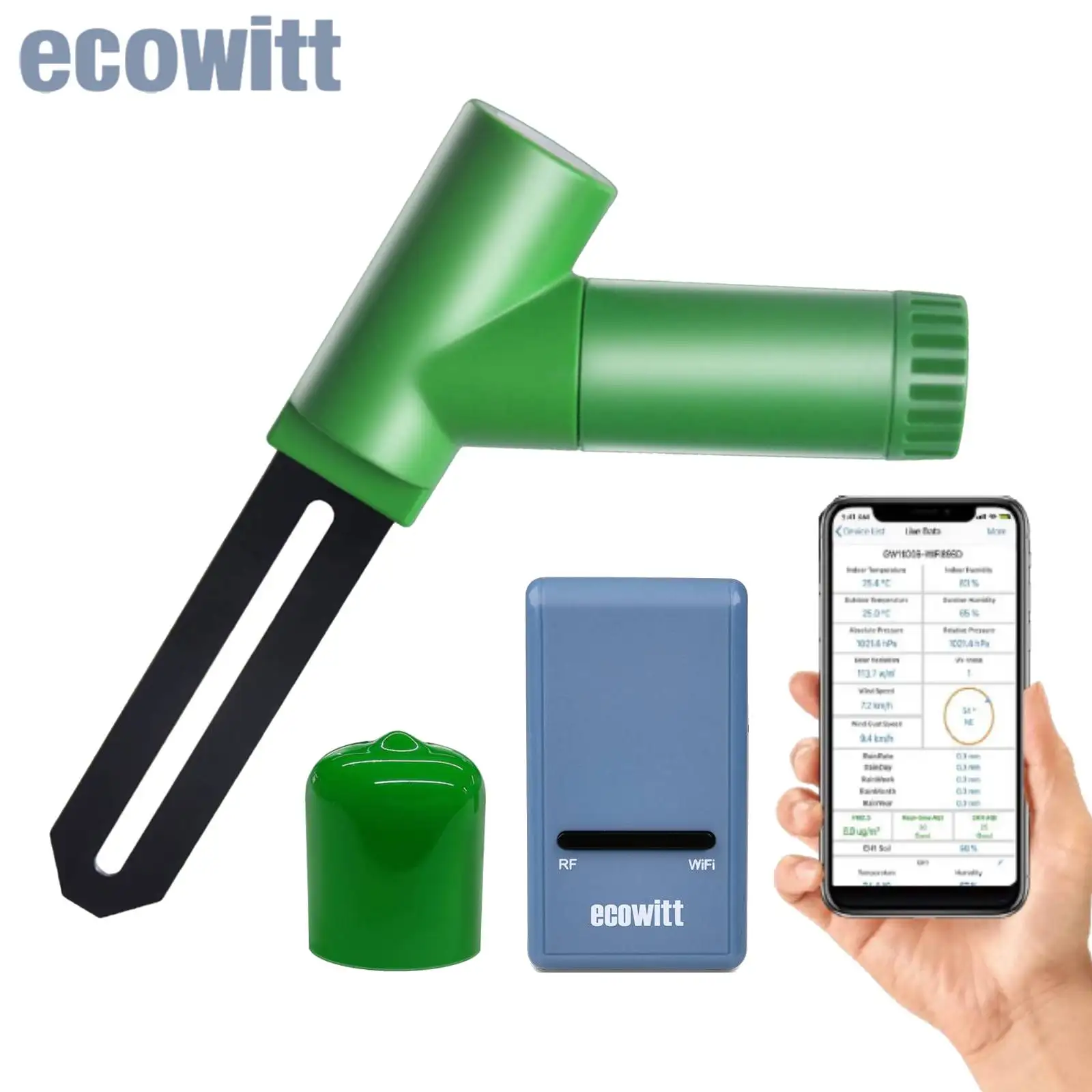 Ecowitt GW1106 Bodenfeuchtigkeitsmonitor mit WiFi-Wetterstation, Gateway, Pflanzenwassermonitor, Bodenhygrometer-Sensor für den Garten