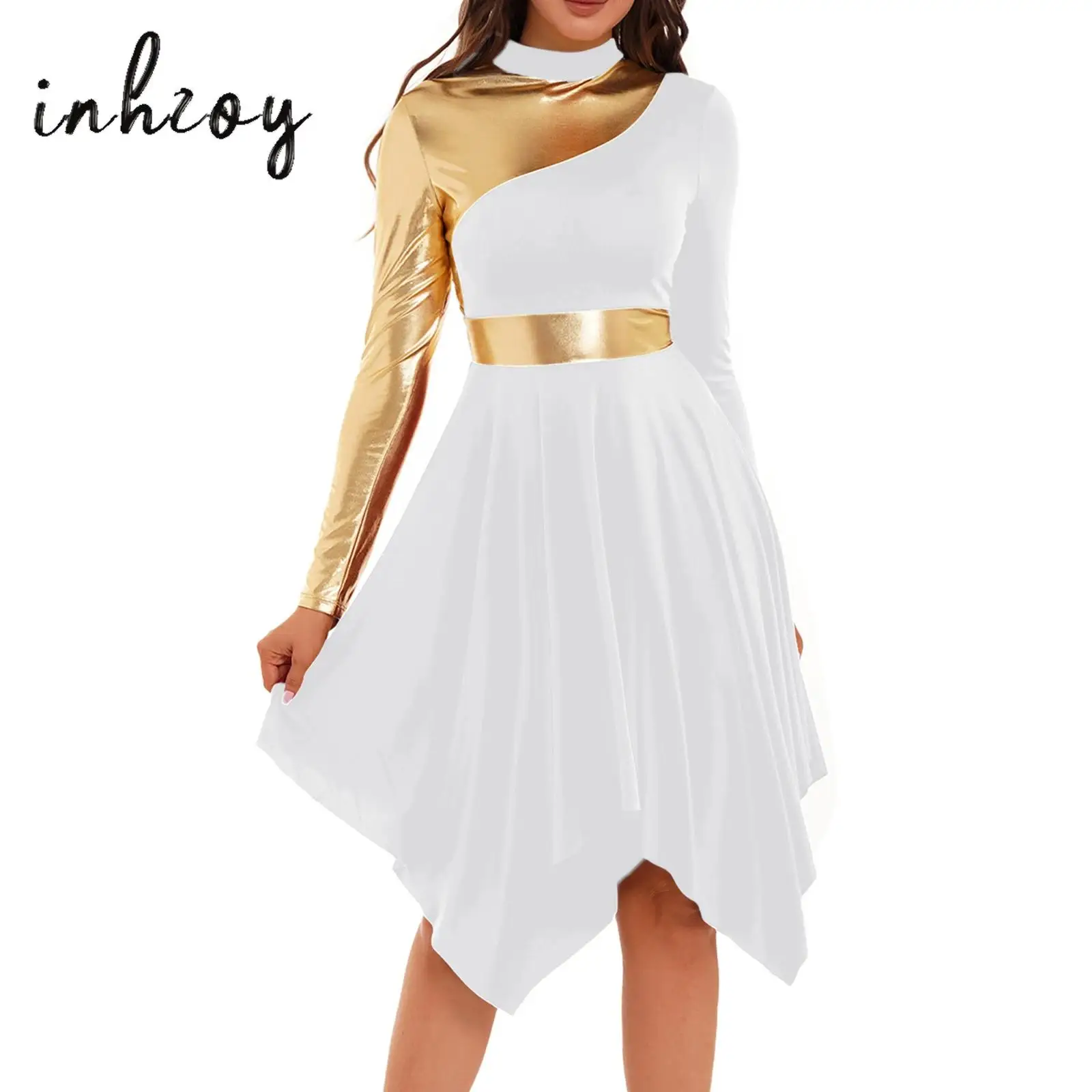 

Женский ассиметричный костюм с длинным рукавом, платье контрастных цветов для балета и современных лирических танцев, гимнастическое трико, танцевальное платье