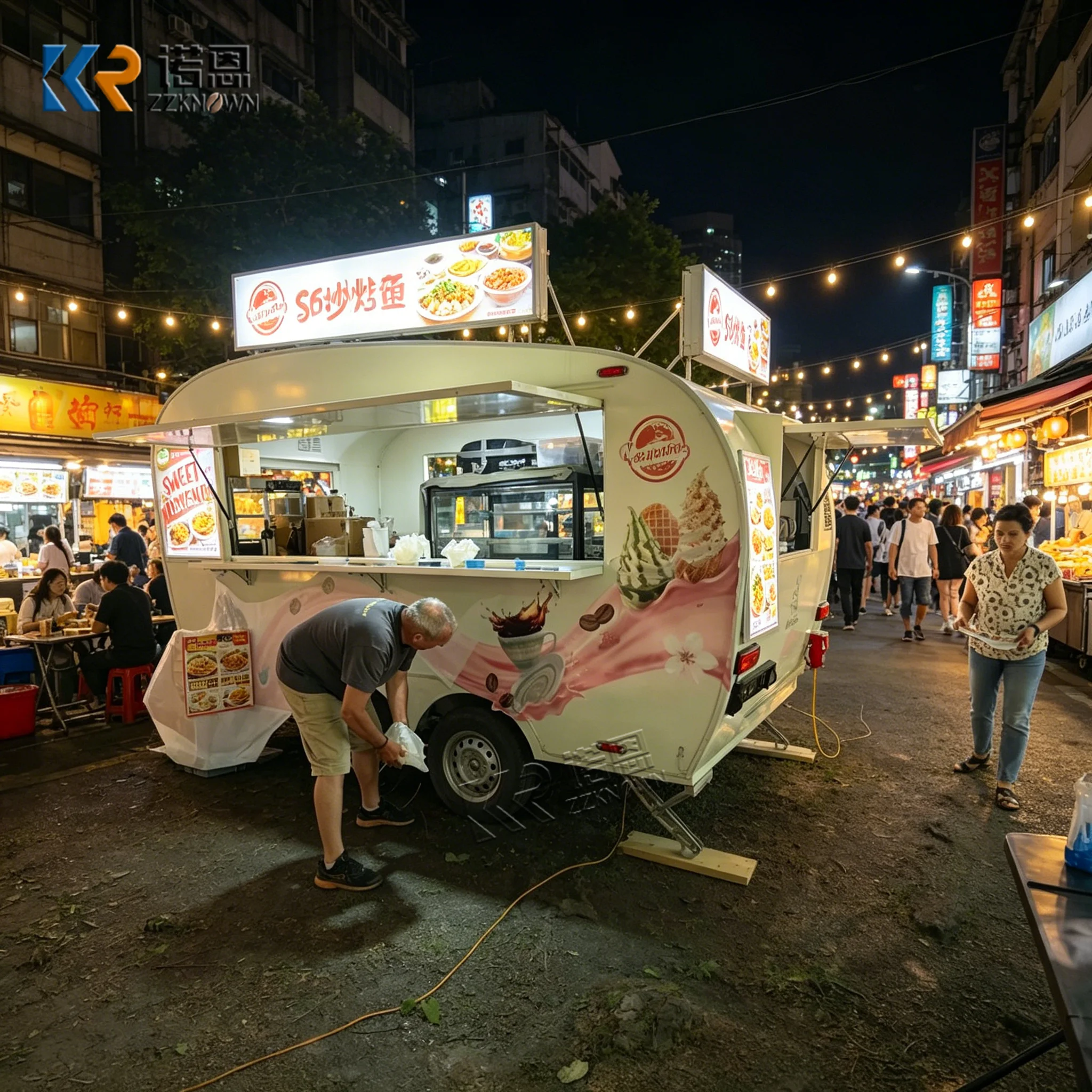 

Customized Food Truck Outdoor Mobile Catering Trailer Serving Window & Storage Cabinets Included for Sale