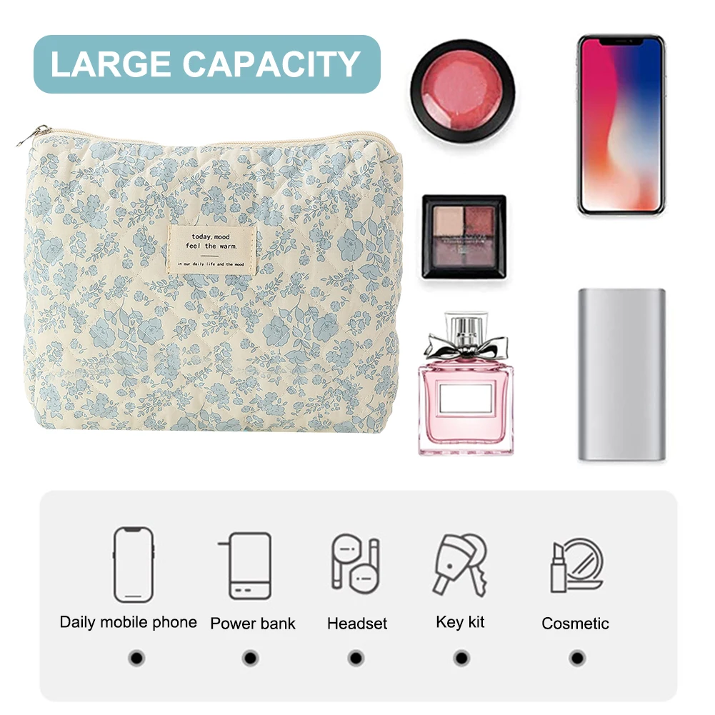 Women Floral Cosmetic Bag Printed Cotton Aesthetic Toiletry Purse Large Capacity Zipper Closure Female Travel Bag