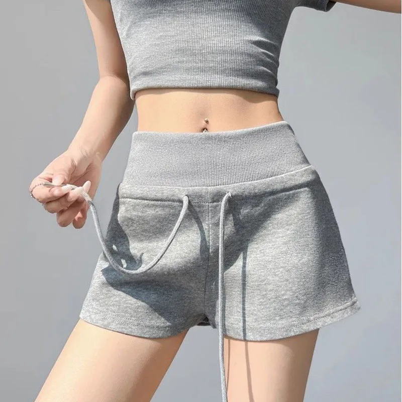 Women Casual Shorts A-line Widened Elastic High Waisted Drawstring Design Loose Solid Color Simple Trend Versatile Sports Shorts