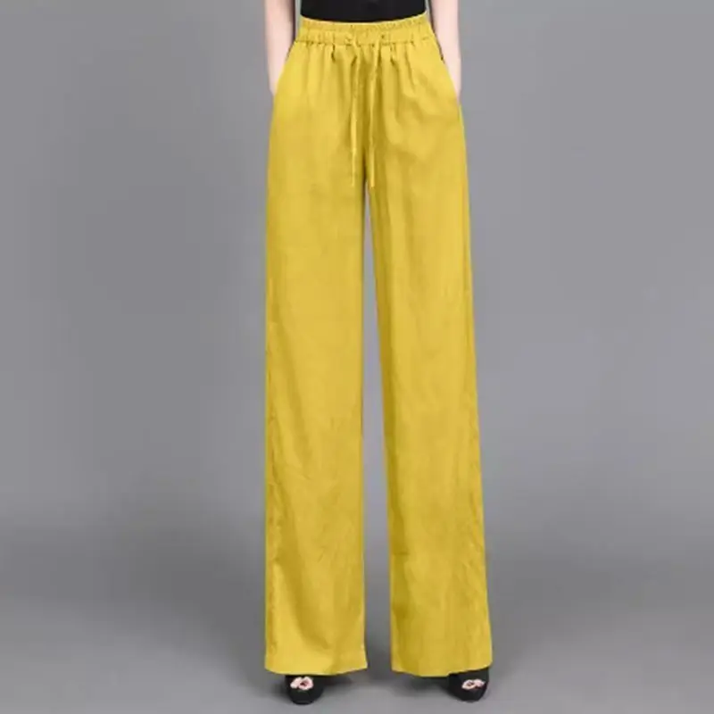 Pantalones sencillos de algodón y cáñamo para mujer, Pantalón liso con bolsillos, cordón elástico, cintura alta, pierna ancha, moda informal, Verano