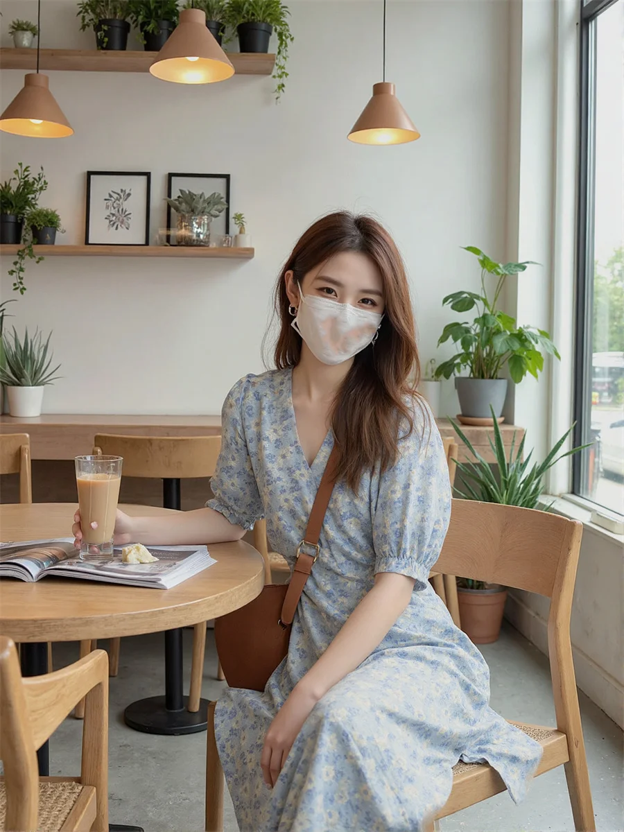 فساتين بأكمام قصيرة منتفخة ثنيات مُزينة بالزهور ملابس نسائية صيفية بوهو عمود ملابس نوم انحراف خط عنق حلو رقبة مستديرة شفافة