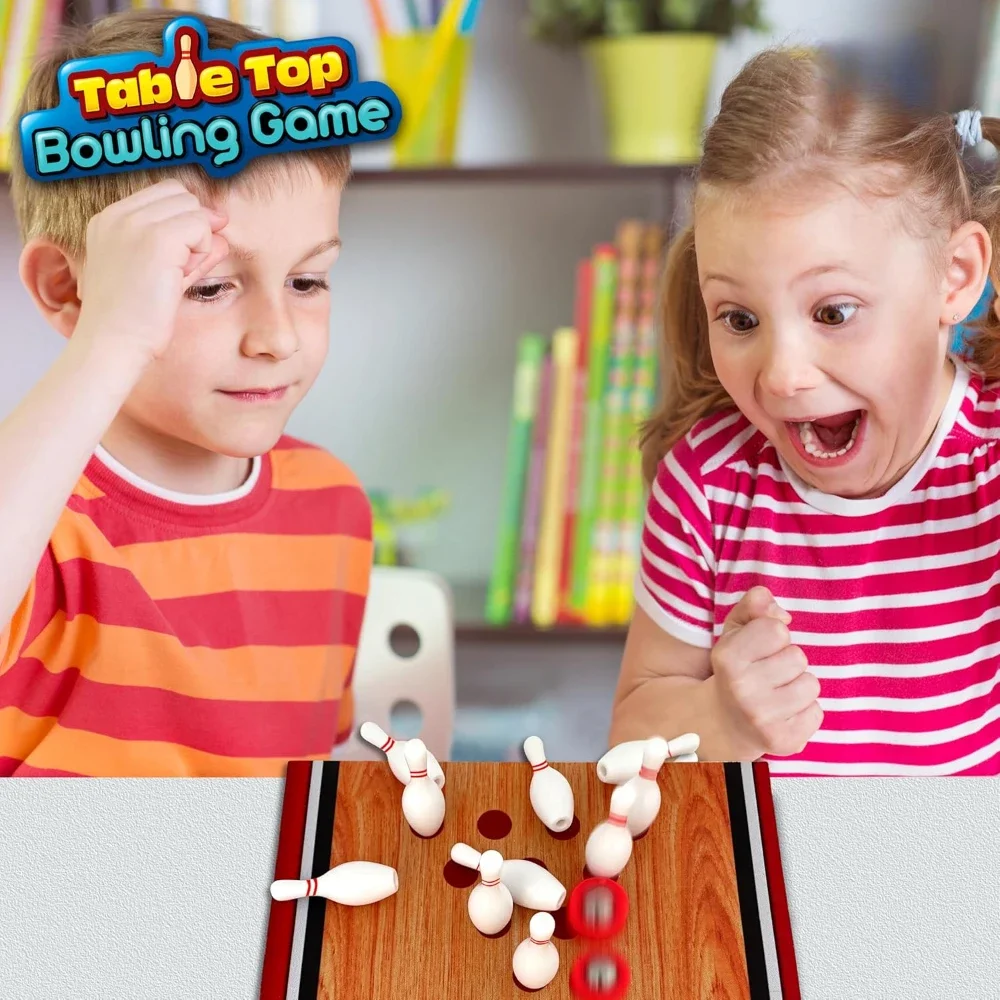 

Bowling Play Set Includes10 Bowling Pins,6 Bowling Pieces and 3-Foot Bowling Alley Mat Tabletop Bowling Game Family Game for Kid