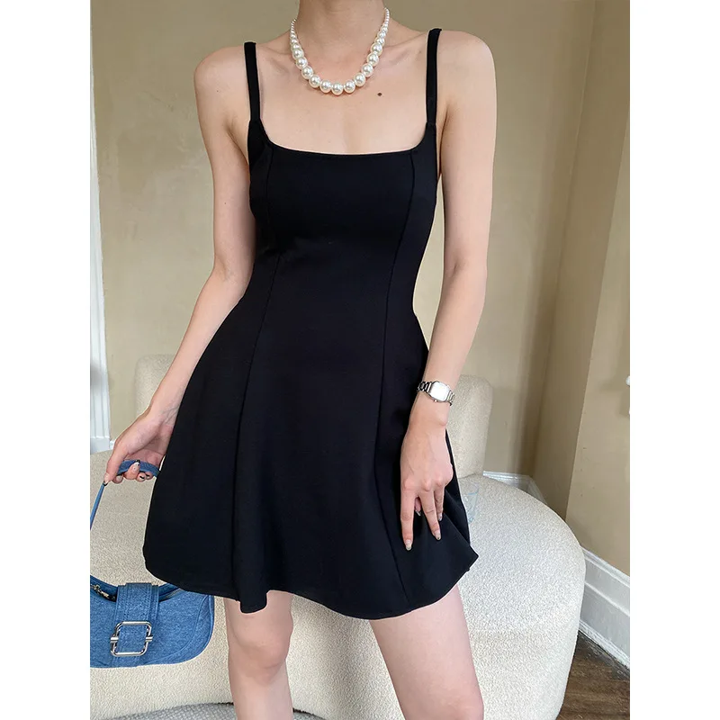 2024 Ballet-French Square Neck Dress with High Quality Stretch Roman Cloth Slimming Halter Dress