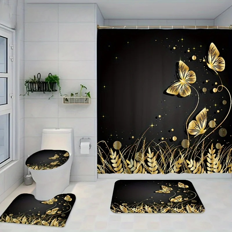 1/3/4pcs Golden Butterfly Printed , Bathroom Decorative Set Including Waterproof Shower Curtain, Anti-slip Mat