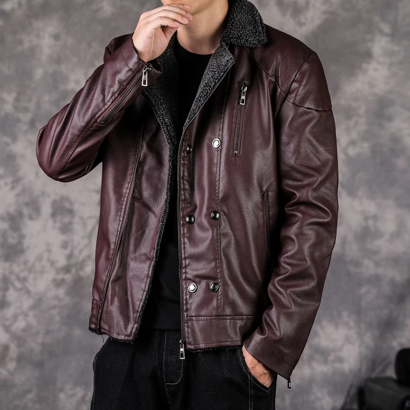 

Мужская куртка из искусственной кожи (имитация овчины) + мужская зимняя теплая ветрозащитная мотоциклетная куртка из толстой кожи с вельветовой подкладкой