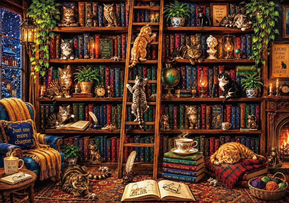 500/1000/1200/2000PCS Jigsaw Puzzle Cozy Book Library Tabby Cats Vintage Bookshelf Ladder Potted Plants Fireplace Wall Dec Gift