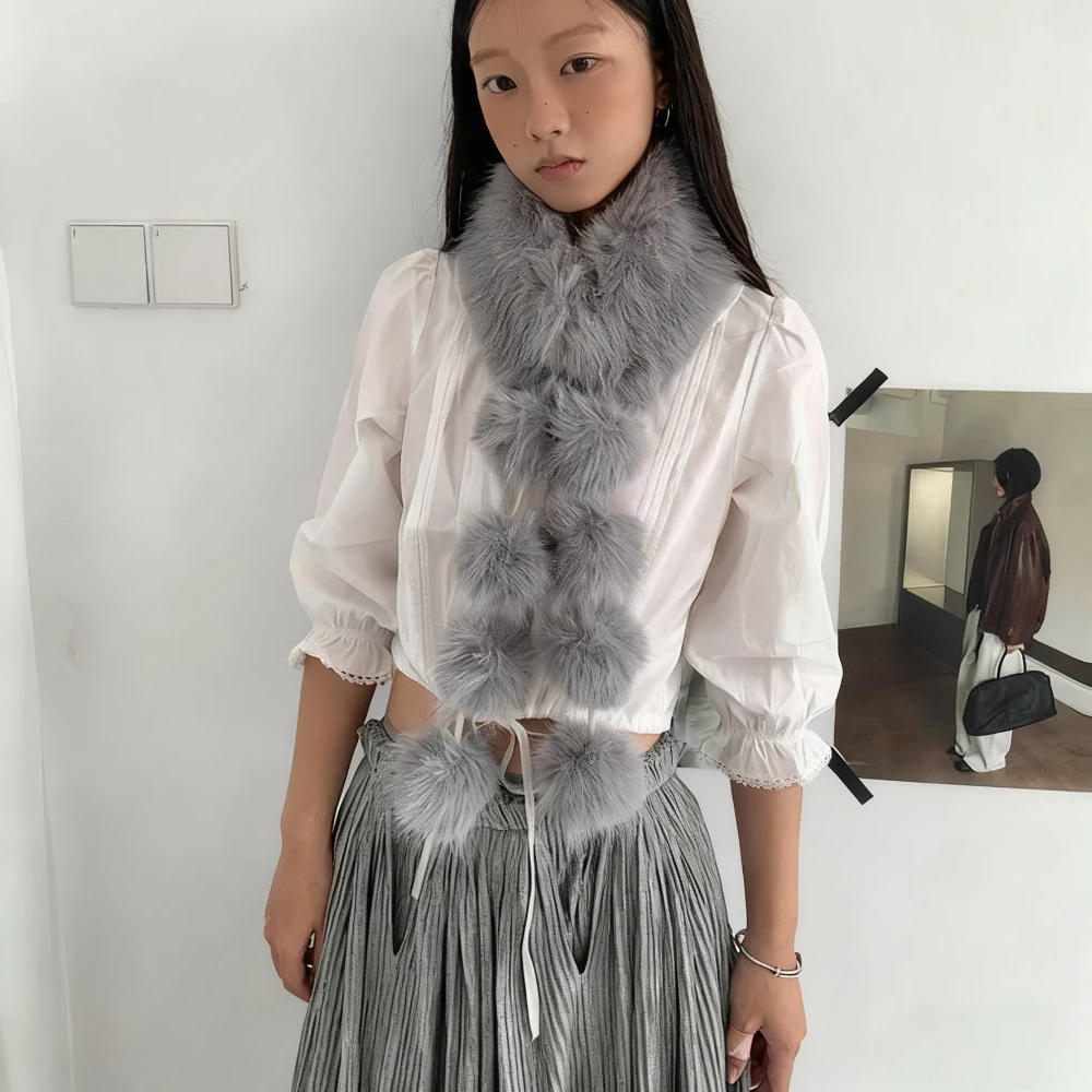 Syal Wanita Bulu Imitasi Rubah Musim Dingin, Syal Bulu Lembut Hangat Vintage, Aksesoris Sweater Mantel Katun Korea, Kerah Sweater