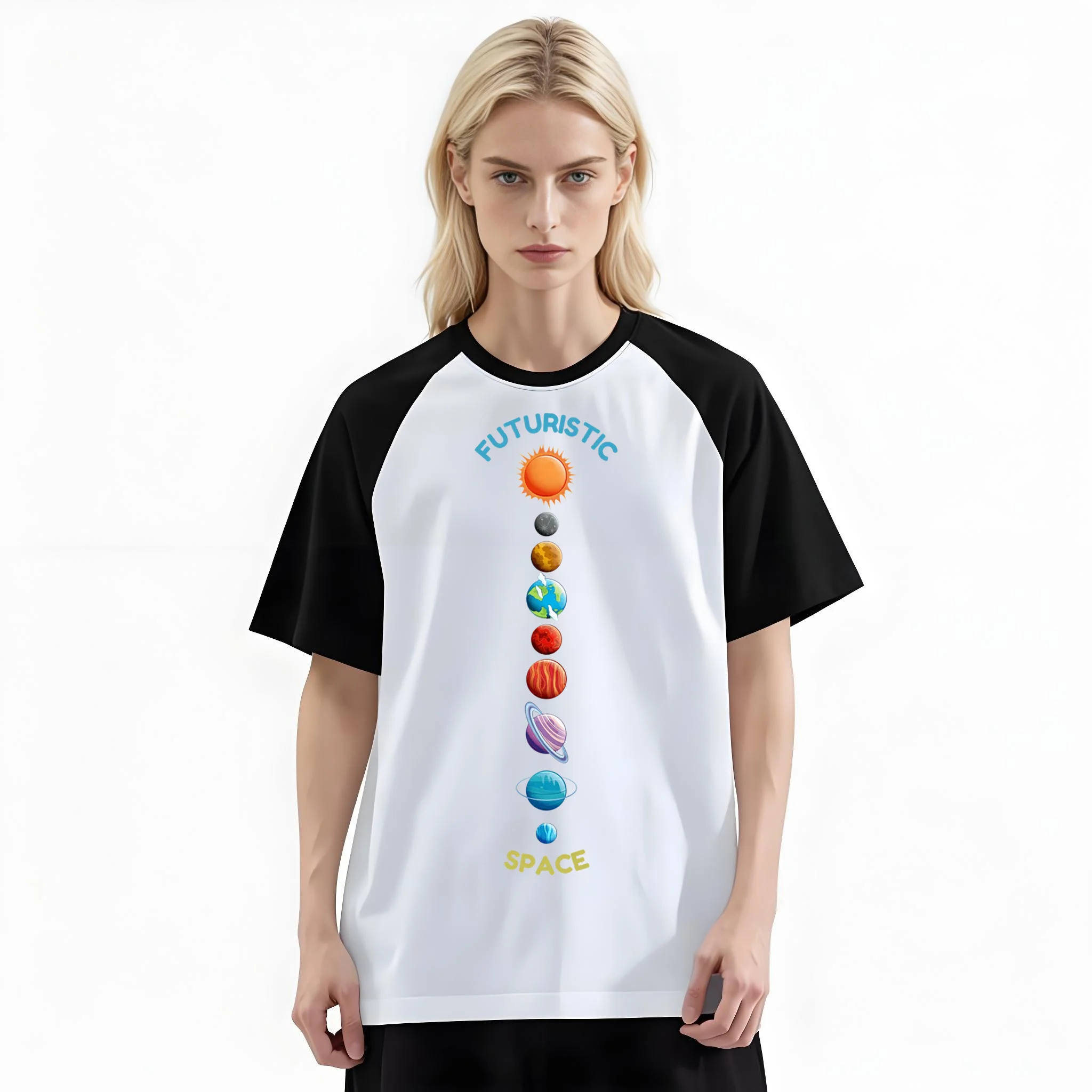 Women'S Fashion Raglan Sleeve T-Shirt, Futuristic Solar System Planet Cute Space Cartoon Printed, Summer Casual Comfortable Tee, Women'S Everyday Short-Sleeve Top
