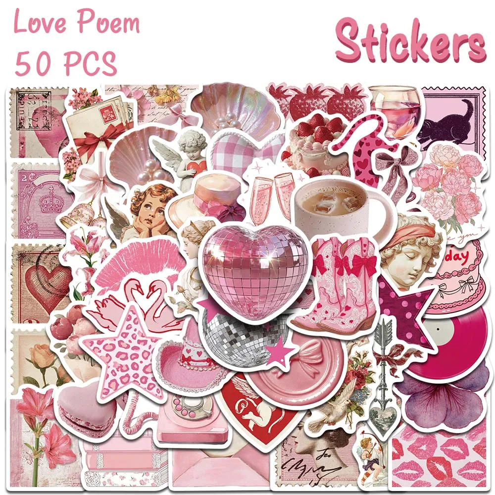 50pcs Love Poem Stickers Aesthetic Pink Valentine Cute Vintage Cherub Bow Angel Letter Decal For Scrapbook Laptop Phone DIY Gift