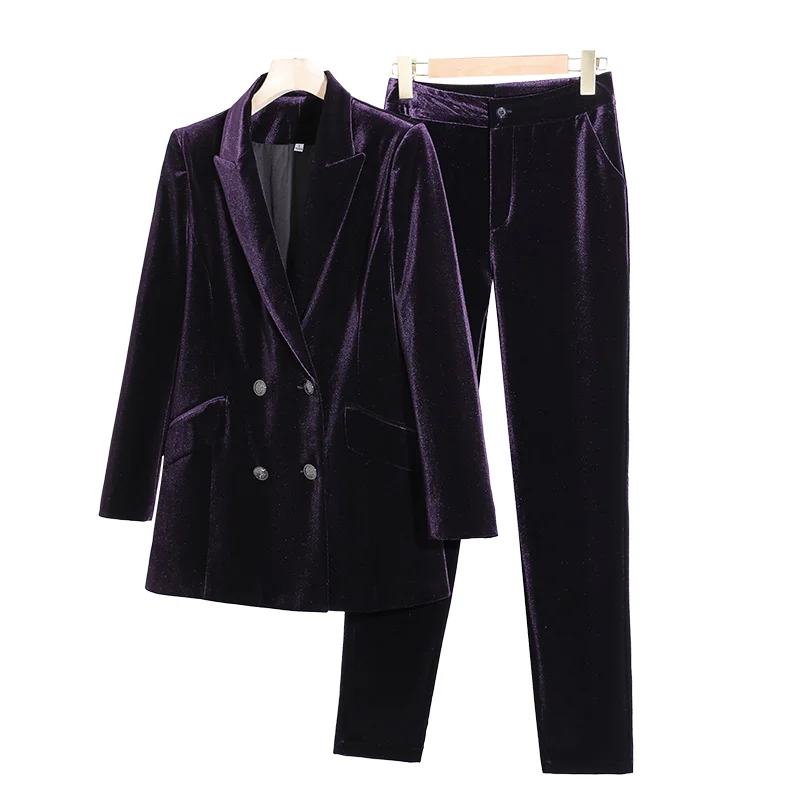 Fall Winter Office Ladies Velvet Purple Pant Suits Women 2023 New Korean Fashion Formal Blazer Jacket Trousers 2 Piece Set