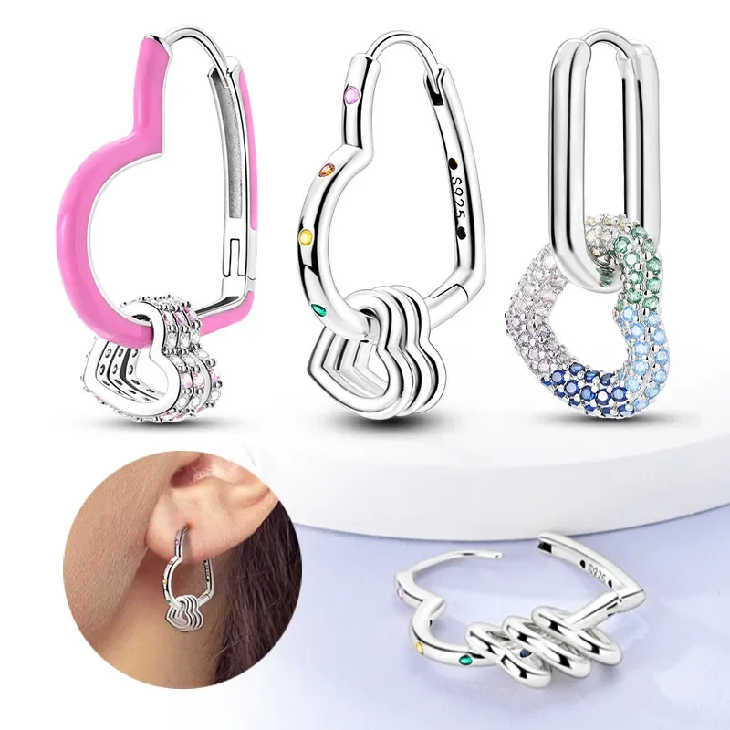 Orecchini a cerchio classici a forma di cuore in argento sterling 925 con colore rosa brillante, fascino di lusso leggero per le donne, gioielleria