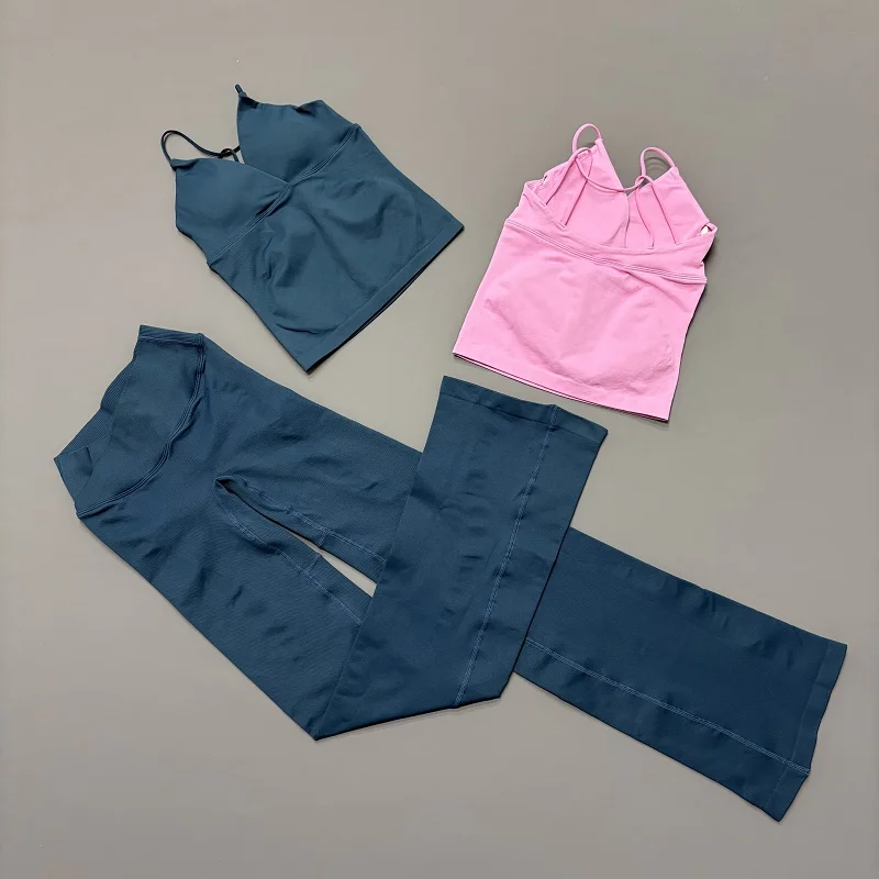 2Pcs Vision Workout Set Women Longline Cross Back Yoga Tank Top Tummy Control Sports Flare Pants Seamless Gym Fitness Tracksuit