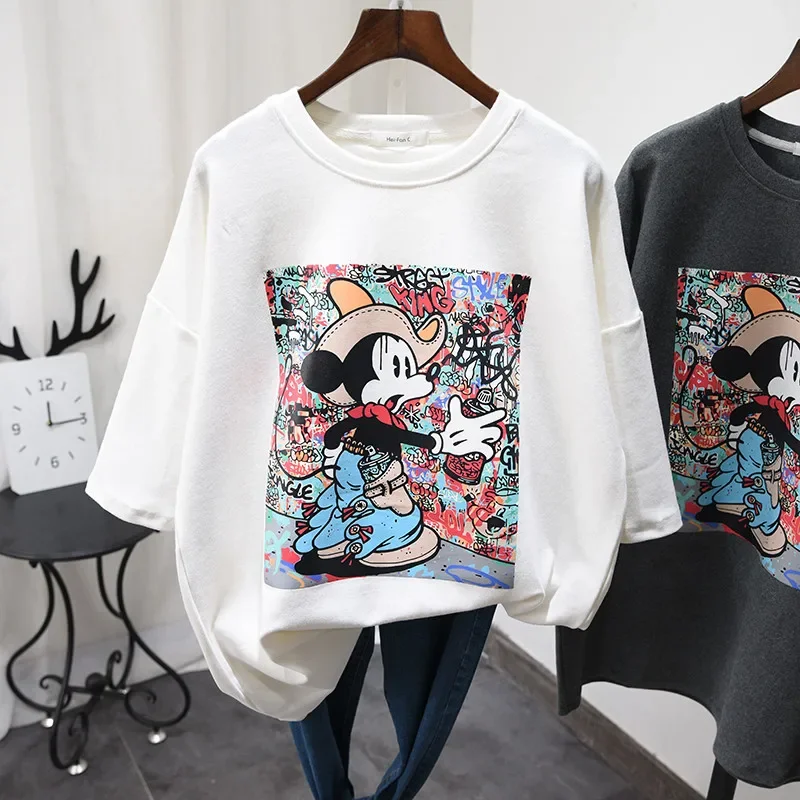 2023 New Mickey Mouse Short-sleeved T-shirt Women Korean Version Thickened Mid-length Streetwear Mickey Mouse Y2k Clothes Tops