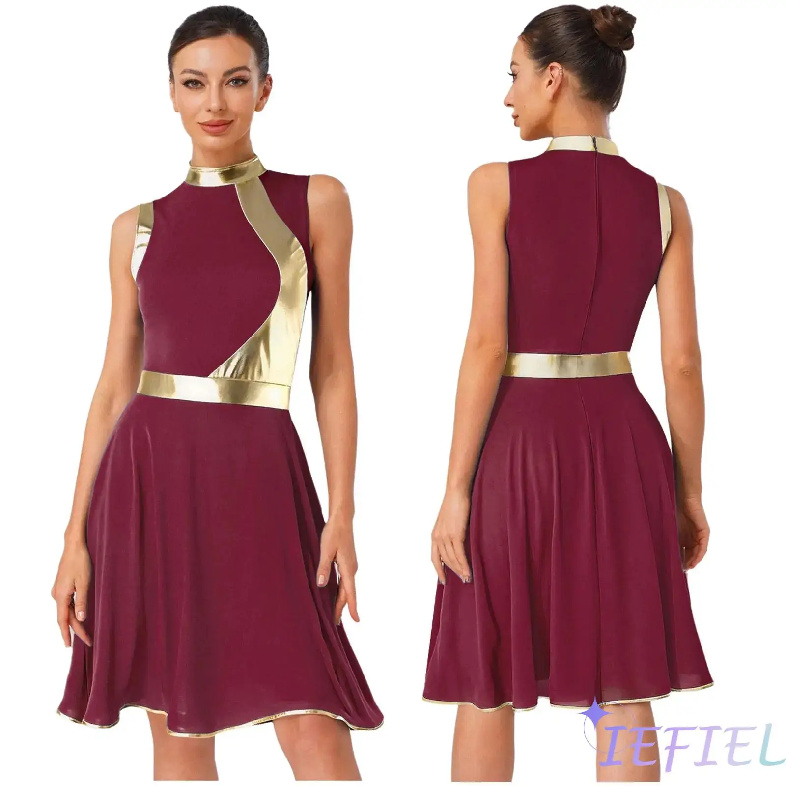 

Lyrical Praise Dance Costume Women Metallic Patchwork Mock Neck Sleeveless Worship Garment Swing Skirt Contemporary Dance Wear