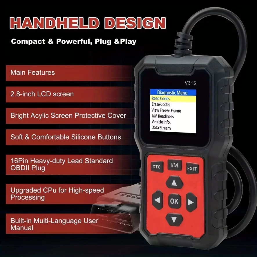 الماسح الضوئي لتشخيص السيارة [V315] - قارئ رمز الأخطاء لمدة 10 ثوانٍ، مناسب لـ 99% من المركبات (متوافق مع Obd2/Eobd)، مناسب لميكانيكا اليدوية والمهنية.